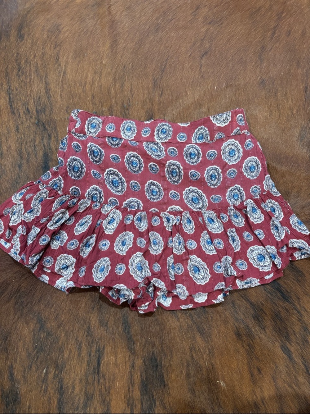 Western Red Printed Ruffle Mini Skirt